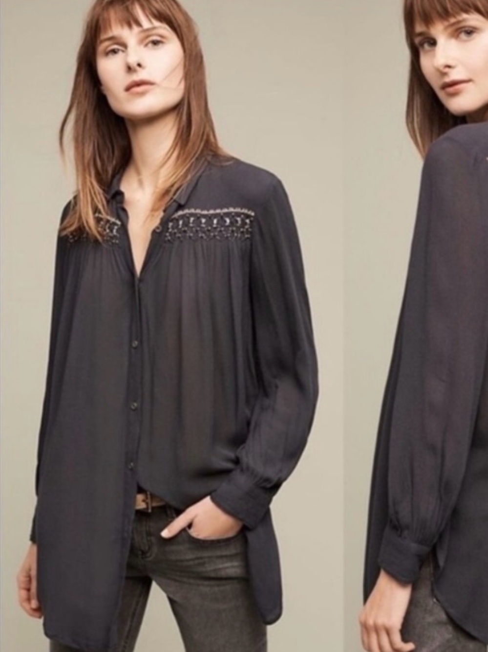 FLOREAT 👥 Anthropologie Oversized Beaded Swing Top Tunic High Low - Size L